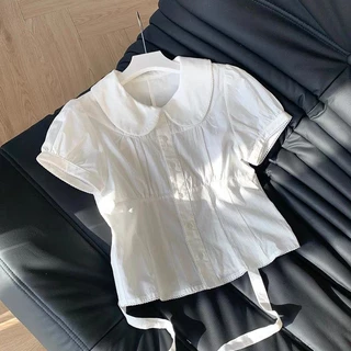 LINNA~TBเวอร์ชั่นเกาหลี สีทึบ ผูกขึ้น ประกบ แขนสั้น เสื้อเชิ้ต สไตล์ใหม่ สไตล์หวาน