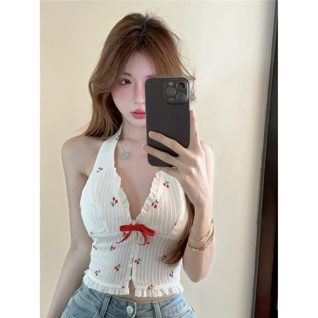 🍇Evelyn🍇เสื้อคล้องคอ แต่งโบว์ขาวแดว เข้ารูป สไตล์เกาหลี เสื้อกล้าม เซ็กซี่ สาวแซ่บ แฟชั่นสำหรับผู้หญิง - รูปที่ 7