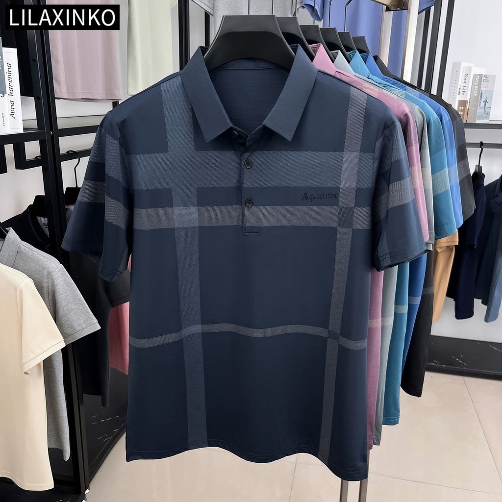 เสื้อโปโลผู้ชาย ลายทางแขนสั้น ขั้นพื้นฐาน เสื้อยืด ด้านบนลําลองคลาสสิก