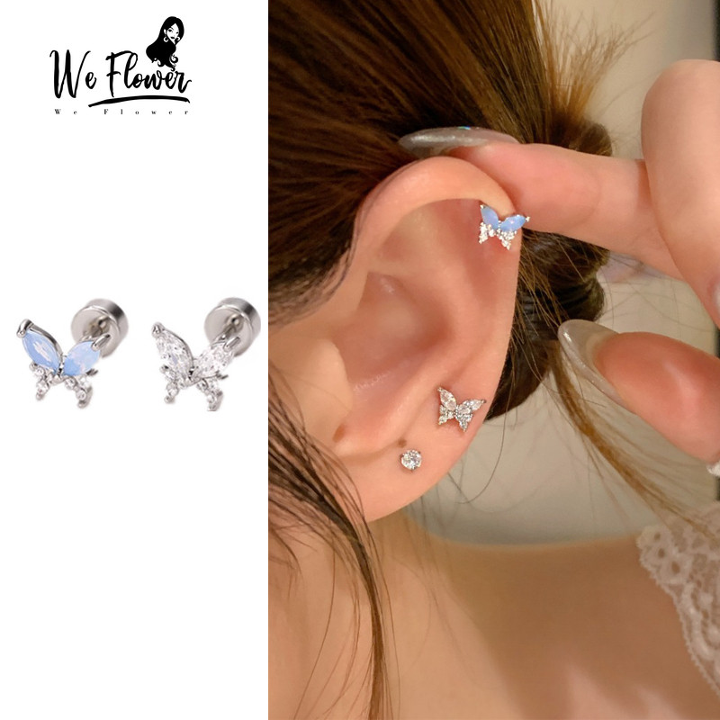 เราดอกไม้ 1PC เกาหลี s925 เงิน Shining คริสตัลผีเสื้อสกรูต่างหูสำหรับผู้หญิงแฟชั่น Pierced หู