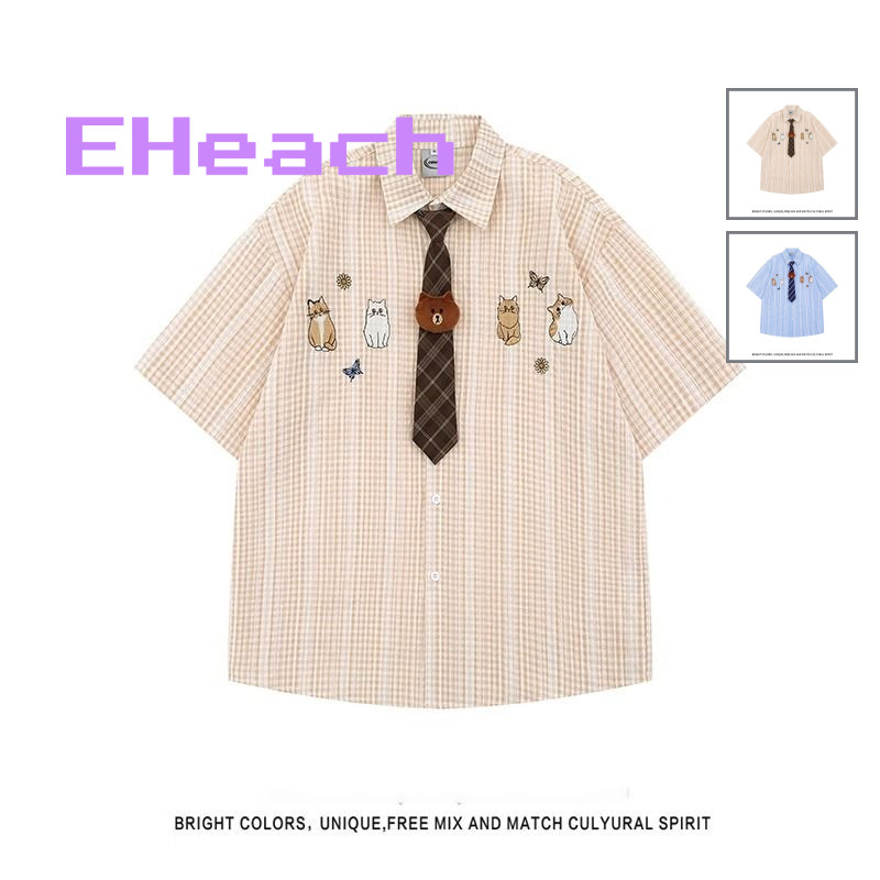 EHeach Charming Cat ปักลายสก๊อตแขนสั้นเสื้อสำหรับผู้หญิง-ฤดูร้อนหลวม Fit