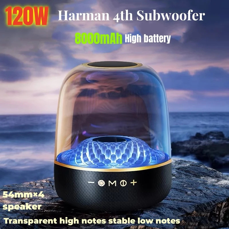 ToKerNew Harman 4th 120W ซับวูฟเฟอร์กําลังสูงแบบเต็มหน้าจอโปร่งใส Caixa De Som ลําโพงบลูทูธ 9D เสียงรอบทิศทางคอลัมน์ TWS BOOMBOX