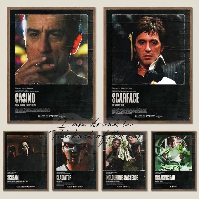 ภาพยนตร์คลาสสิกทีวีครอบคลุม Dark โปสเตอร์ผ้าใบพิมพ์ Scream Scareface ความร้อนฟิล์ม Wall Decor Vintage Bar Home Aesthetic Decor
