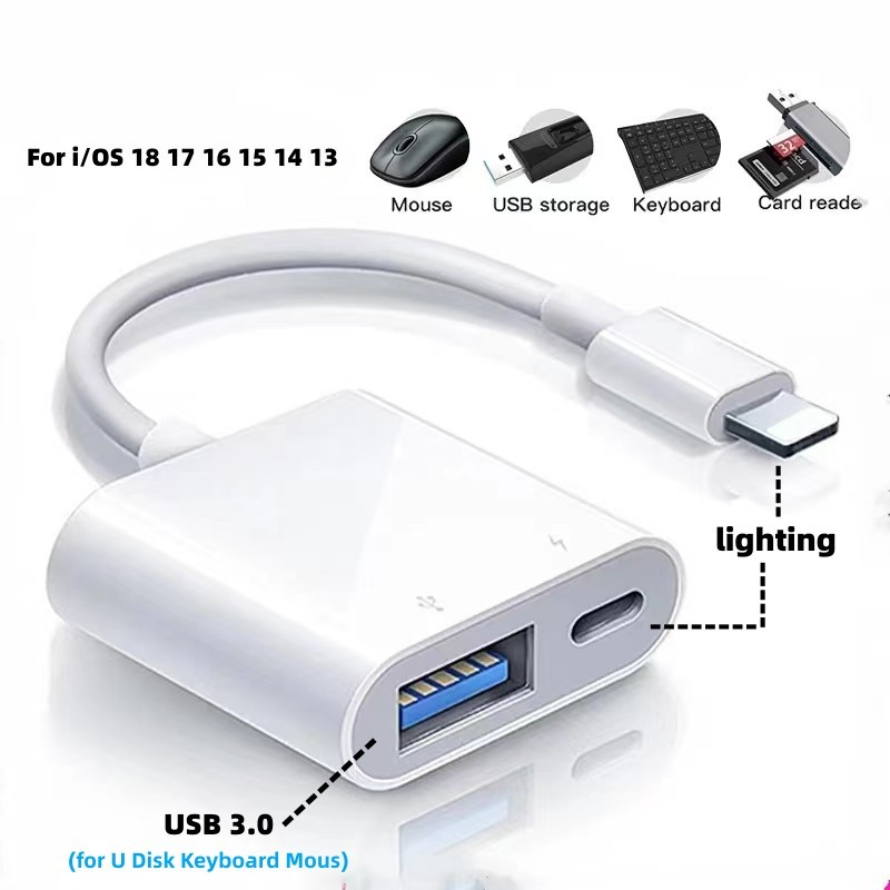 Lighing TO USB 3.0 OTG อะแดปเตอร์สําหรับ i/OS 18 17 16 15 14 13 Connector พร้อมพอร์ตชาร์จสําหรับ U Disk คีย์บอร์ดเมาส์ Converter