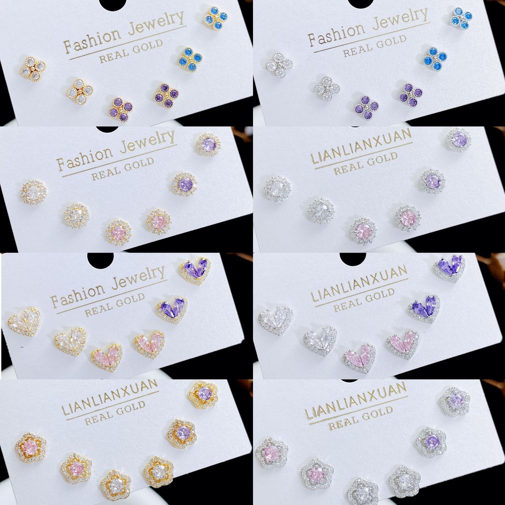 ต่างหู ทองแดงชุบทองคําแท้ไมโครฝังเพทายเพชรสีหนึ่งการ์ดสามคู่ต่างหูสุภาพสตรีเครื่องประดับ