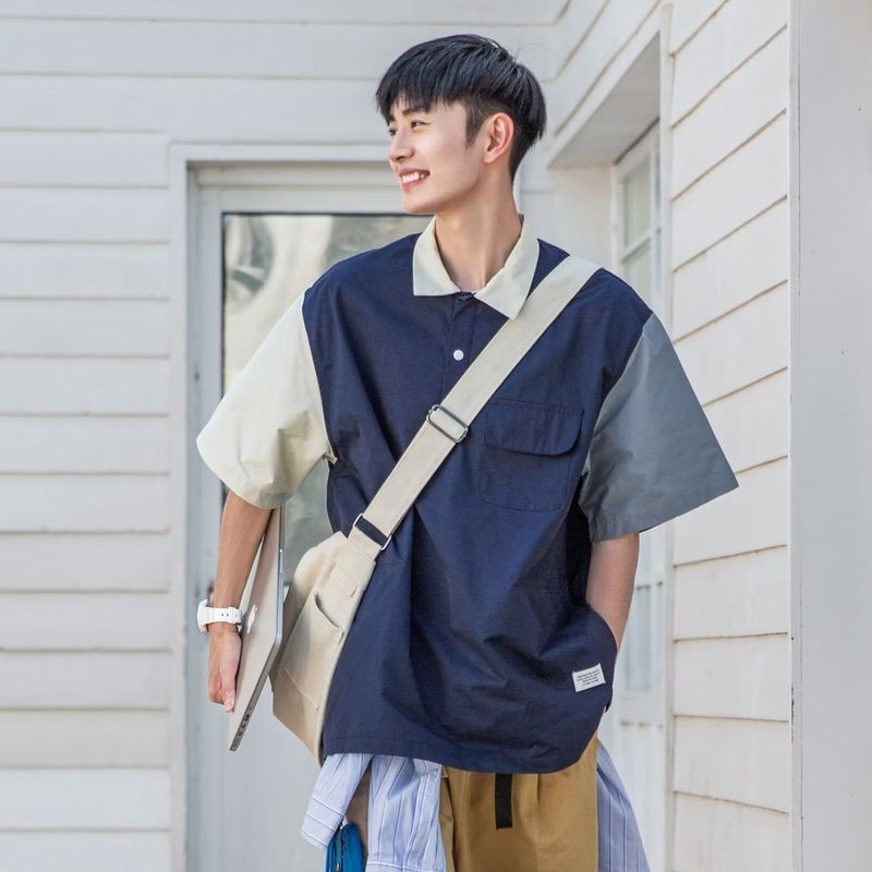 เสื้อเชิ้ตวัยรุ่น เสื้อเชิ้ตโปโลหลวมสไตล์ย้อนยุคแบบญี่ปุ่น