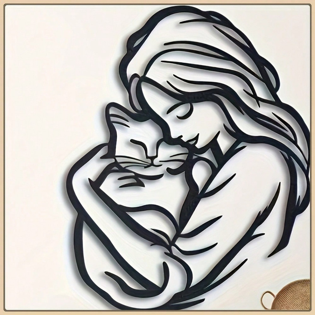 Feline Embrace Metal Wall Art – Craft Silhouette หรูหรา, การติดตั้งที่เรียบง่ายและสร้างเหล็กแข็งแรง – ผู้ที่ชื่นชอบแมว, พิธีขึ้นบ้านใหม่, ตกแต่งห้อง