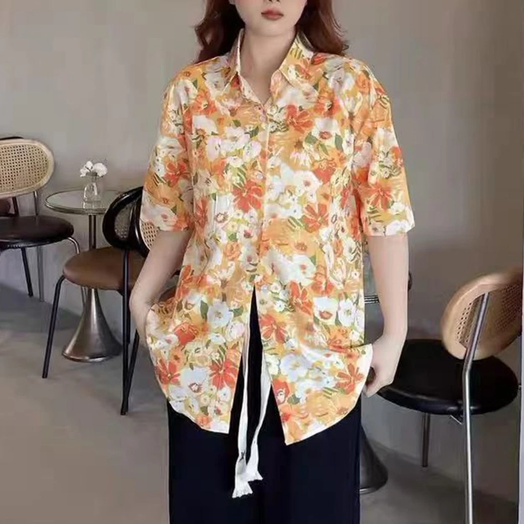เสื้อฮาวายผู้หญิง ลายดอก สีส้ม ผ้าไหมอิตาลี thumbnail 8