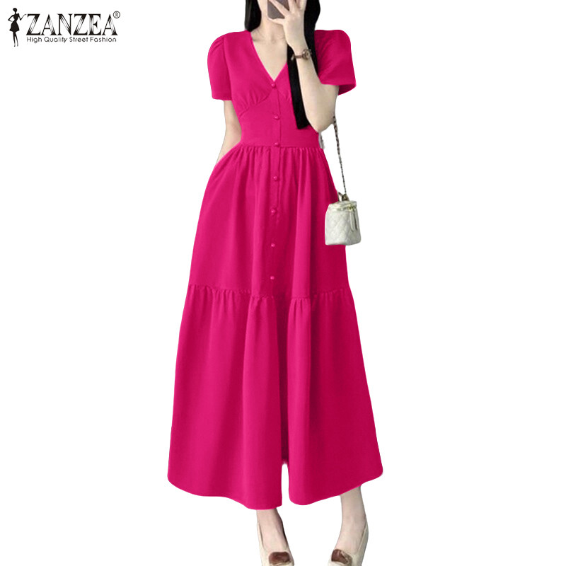 ZANZEA ชุดเดรส A-Line ผู้หญิงเกาหลี Ladylike แขนสั้นกระดุมแถวเดียวเก็บเอว