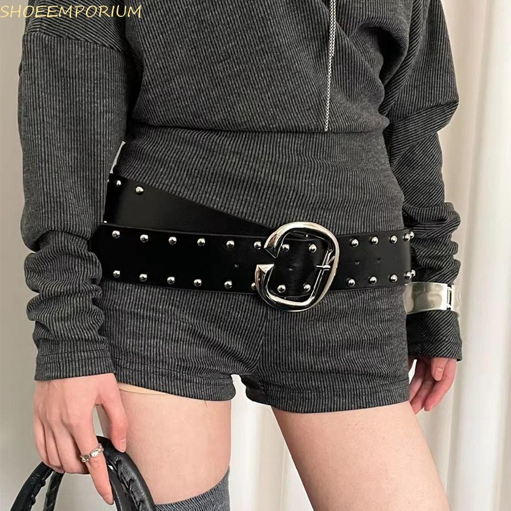 SHOEEMPORIUM กว้างเข็มขัดผู้หญิง, Designer Punk สไตล์ Rivet เข็มขัดเอว, Heavy-Duty Gothic American Y2k ชุดกางเกงยีนส์เข็มขัดสาวเผ็ด