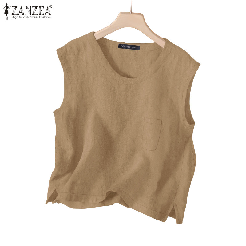 ZANZEA ใส่ ซานเซีย ผู้หญิงคอวีผ้าฝ้ายวรรณกรรมวินเทจหลวมถังอเนกประสงค์