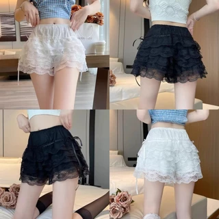 💖Bonnie💖 กางเกงขาสั้น เงสม๊อคยืด สีพื้น ดีเทลลูกไม้ เอวยางยืด แต่งชั้นๆ ผ้าใส่สบาย ใส่สบาย ทรงสวย