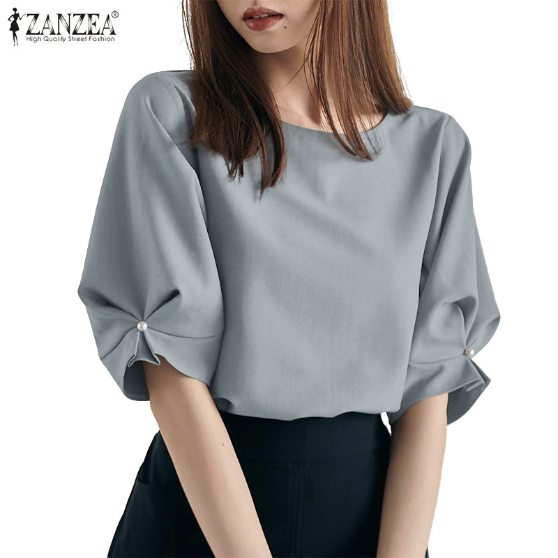 ZANZEA ผู้หญิงเกาหลีหรูหรารอบคอ 3/4 จีบแขนเพิร์ล Decorat เสื้อหลวม