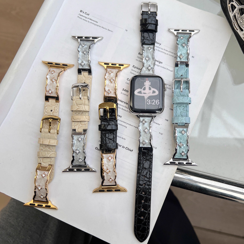 LUCKYD เพชรโลหะ + หนังจระเข้เนื้อหนัง สําหรับ Apple Watch S10 46/42/44/38 มม., Ultra 2 49 มม., 9/8/7 45/41/44/40 มม., 10/6/SE/5/4/3/2/1 IWatch
