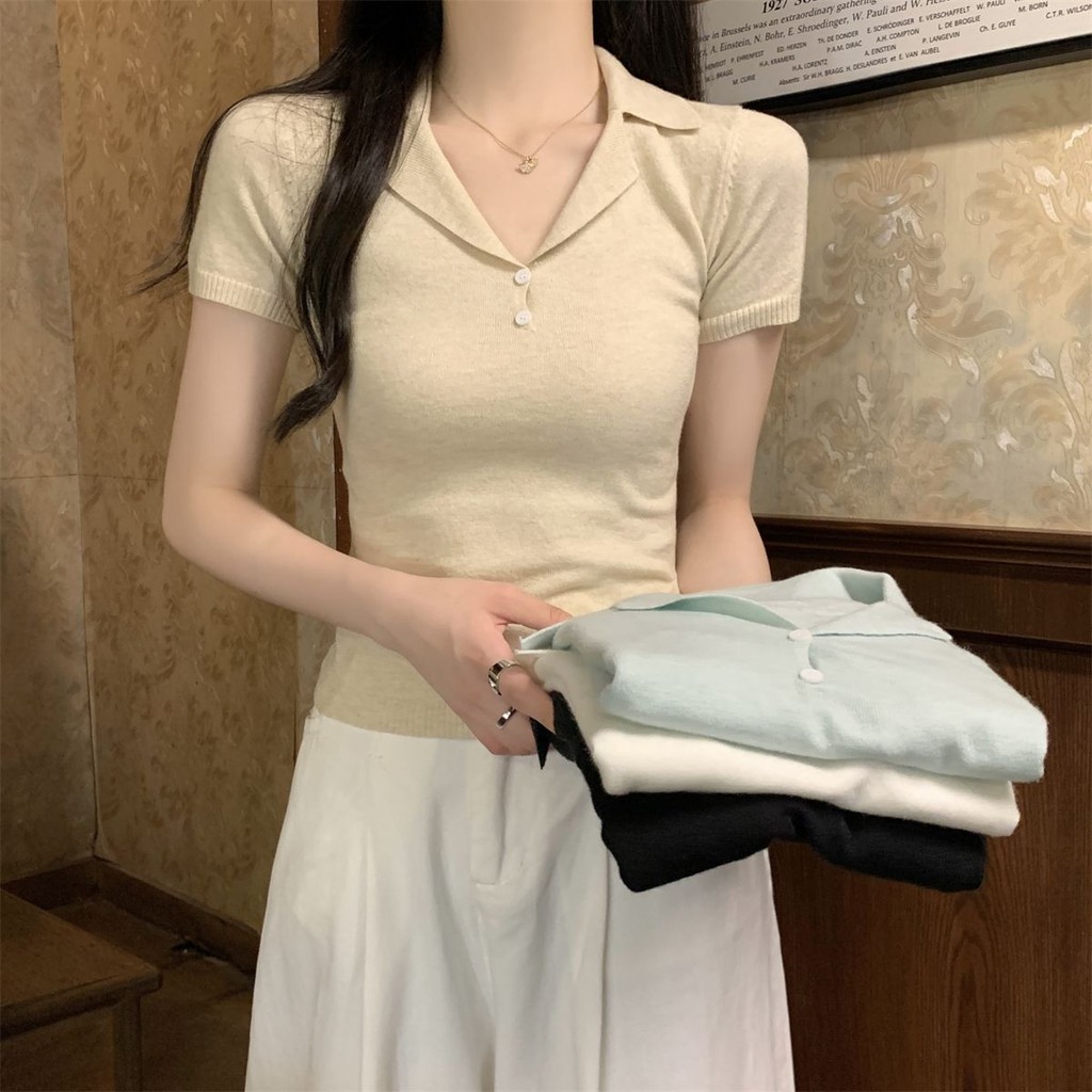 GAKKI เสื้อยืดคอปกผู้หญิง เสื้อโปโลแขนสั้นถัก รุ่นใหม่ รุ่น 3227#