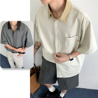 PannoFluxus เสื้อเชิ้ตผู้ชายแขนสั้นอเมริกันย้อนยุค สีคมชัด ส…