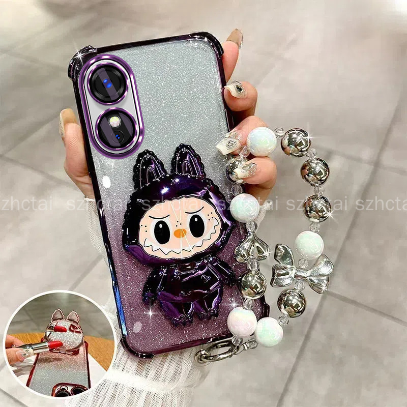 ปลอกสําหรับ OPPO A17 A97 5G A38 4G A18 A60 การ์ตูน Labubu Clear Jelly เคสกันกระแทก Glitter หรูหราพร้อมฝาครอบเลนส์กล้อง make-up กระจกที่วางโทรศัพท์ขาตั้งสร้อยข้อมือฝาครอบโทรศัพท์