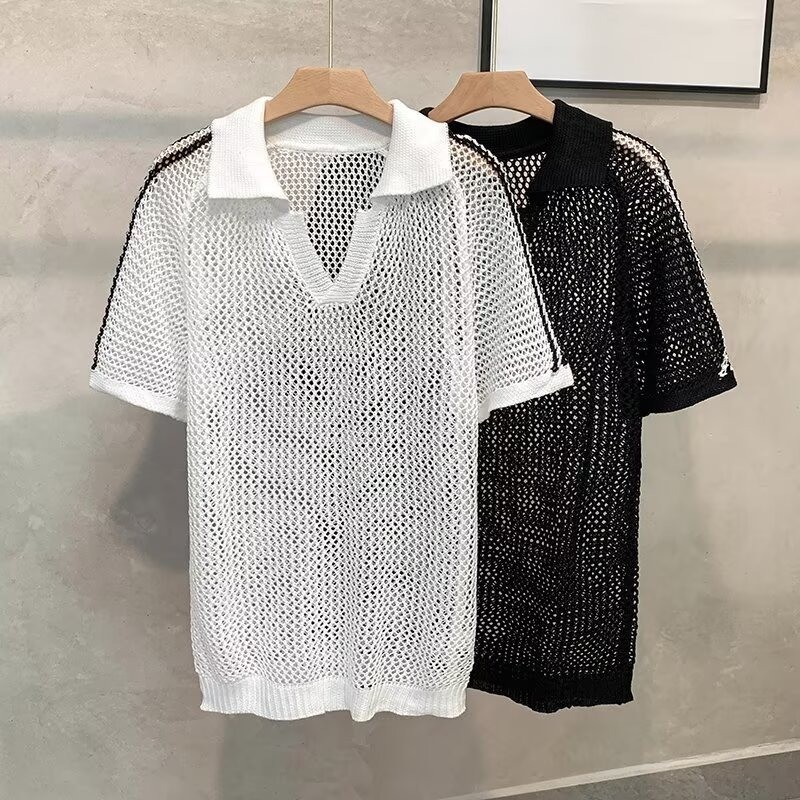 ม-3เอ็กแอล แฟชั่นคอวีเสื้อโปโลแขนสั้นผู้ชายอเมริกันสบายๆอเนกประสงค์หลวมกลวงแขนสั้นเสื้อโปโลผู้ชาย