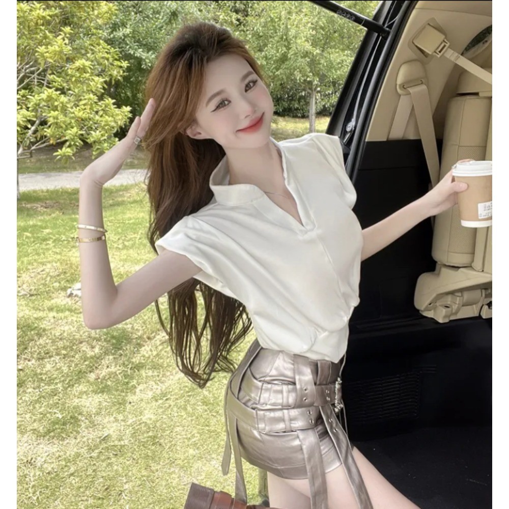 ลมขี้เกียจสไตล์สั้นปลอกคอเปิดครึ่งเสื้อยืด ภาษาฝรั่งเศสเอวปิดกุดเวลาว่างคอวีเสื้อกั๊กด้านบน จัดส่งในกรุงเทพฯ - รูปที่ 6