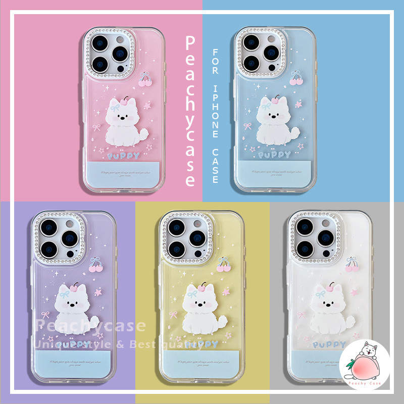 Kawaii Bowknot Cherry Puppy เคสโทรศัพท์มือถือสําหรับ iPhone 16 15 14 13 12 Pro Max 11 เพชรกรอบกล้องฝาหลังสกปรกทน IMD ปลอกมือถือ