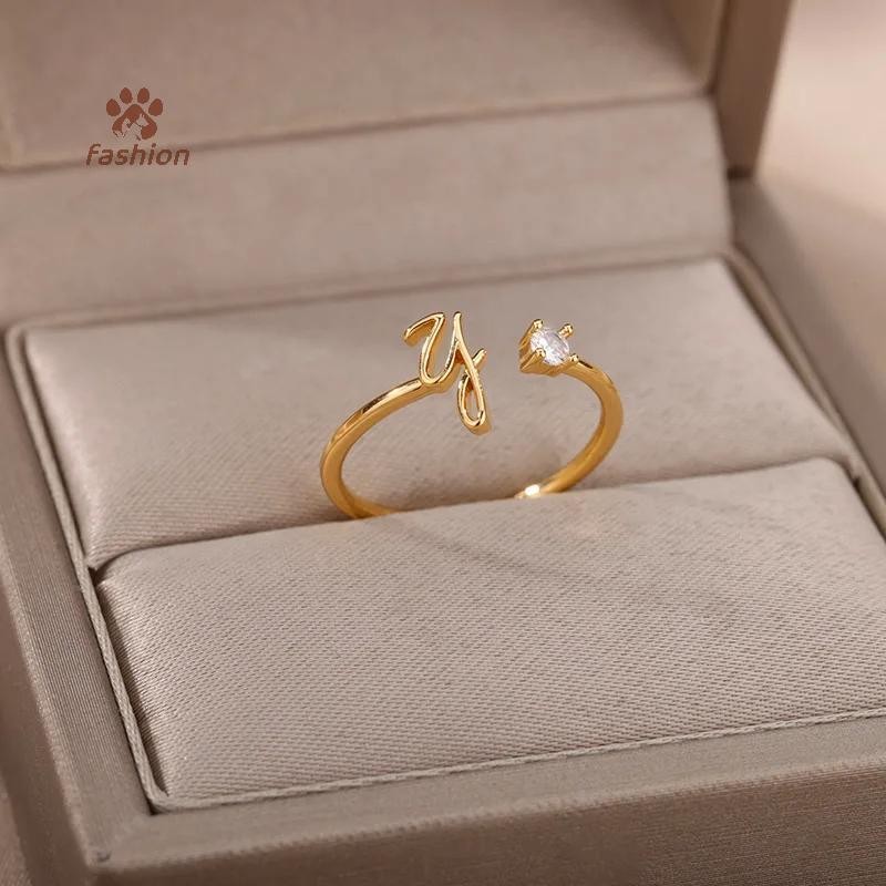 [แฟชั่น] แหวนตัวอักษรเริ่มต้นขนาดเล็กสำหรับผู้หญิง สแตนเลส AZ แหวนปรับได้ เครื่องประดับความงามคริสต์มาส {TH}