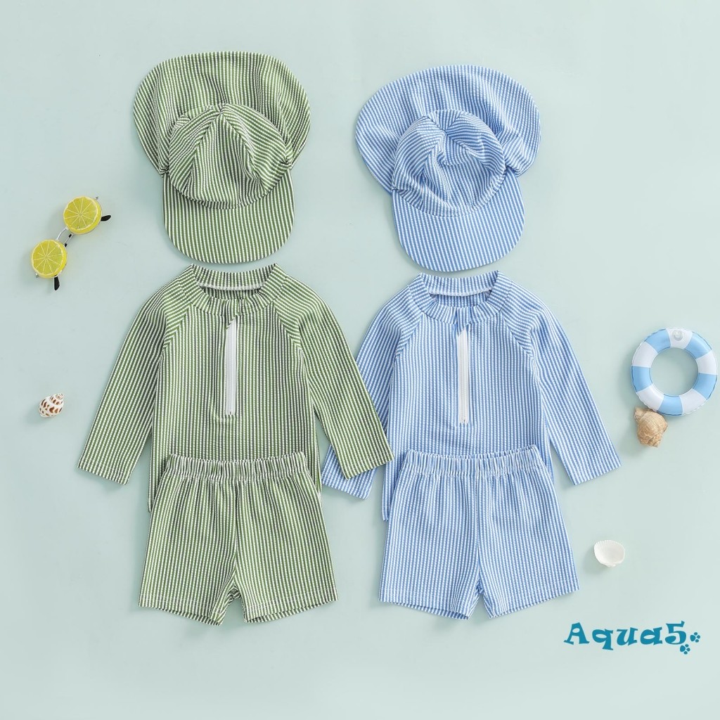 AQQ-Toddler Boy Rash Guard ชุดว่ายน้ําลายพิมพ์แขนยาวคอจําลองพร้อมกางเกงขาสั้นและหมวกว่ายน้ําชุดว่ายน