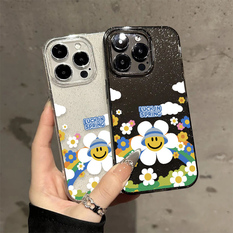 เคส iPhone 16 Pro Max ใสแวววาวด้วย TPU นุ่มสีสันสดใส พร้อมลายดอกทานตะวันสีรุ้งสุดน่ารัก เข้ากันได้กับ iP 15 Pro 12 11.