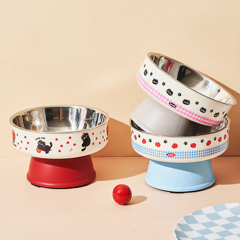 ชามสแตนเลสสำหรับสัตว์เลี้ยง ชามสูงแบบการ์ตูน ชามเดี่ยวป้องกันปากดำ ชามอาหารแมว