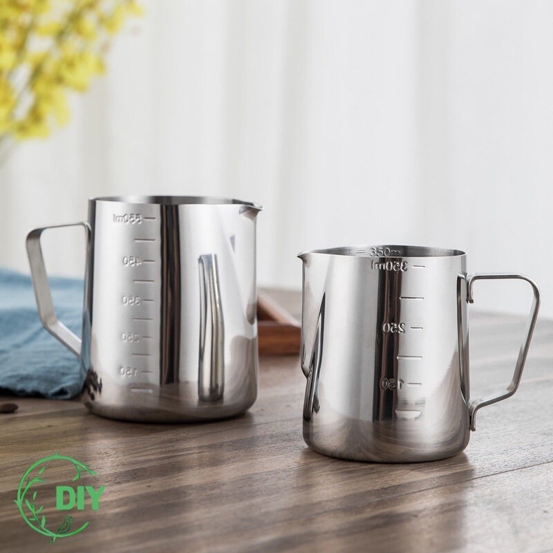 เหยือกตีฟองนม สีเงิน 350ml/600ml /1000MLพิชเชอร์ ถ้วยตีฟองนม สแตนเลส Stainless Milk Pitcher สเตนเลส304