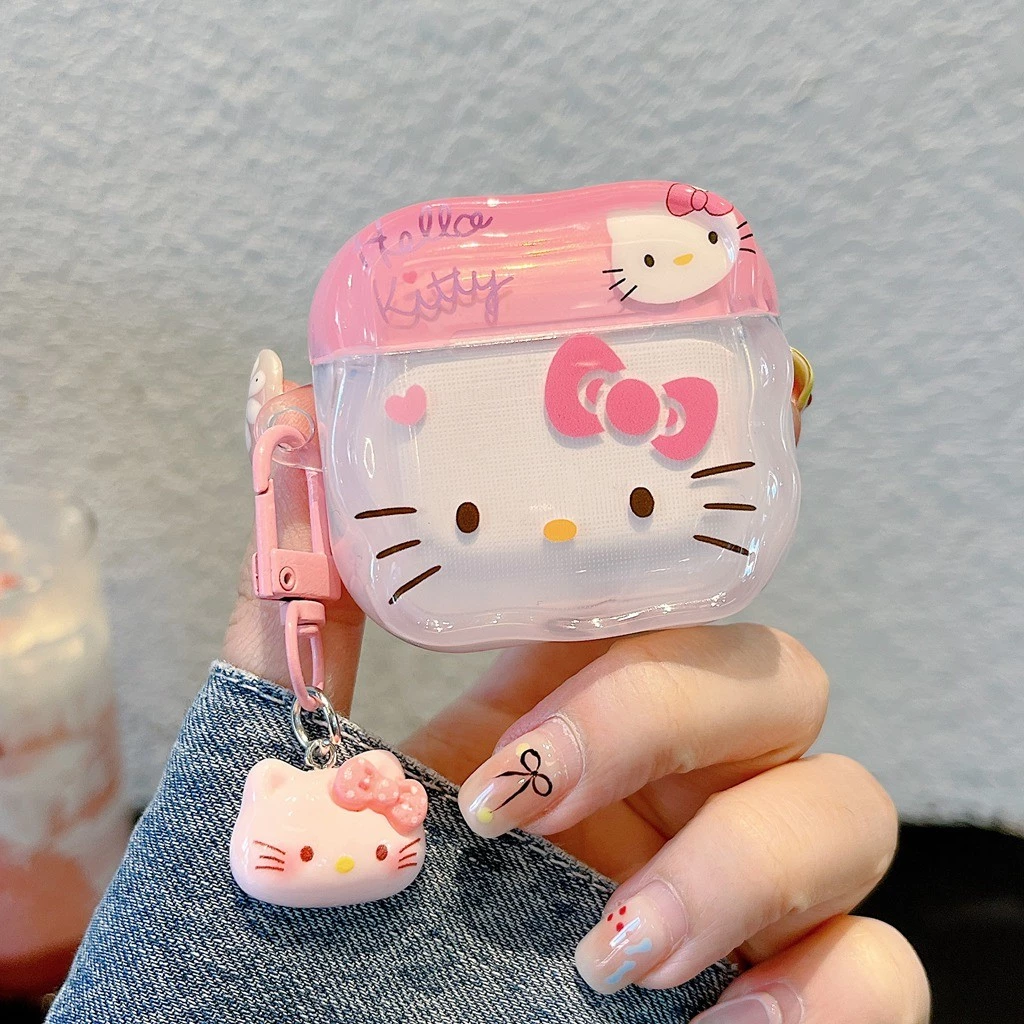 เคสหูฟังสําหรับ แอร์พอด 4 มือโปร 3 2 1 สีชมพูหวานลายคิตตี้นุ่ม ทีพียู ขอบคลื่นกันกระแทกบลูทูธไร้สายหูฟังฝาครอบป้องกันเปลือกที่มีจี้ป้องกันการสูญ thumbnail 5