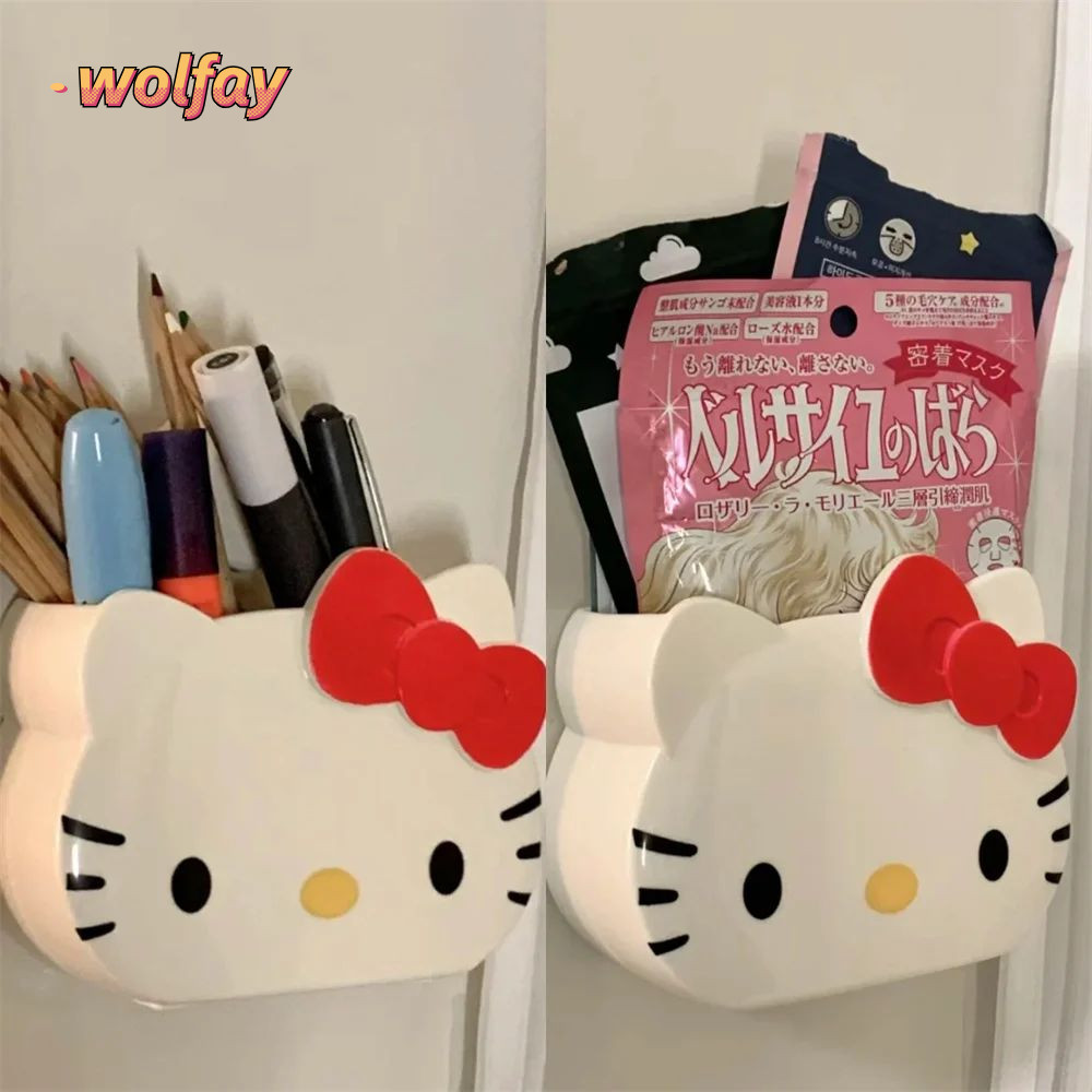 YOLANDA ชั้นวางของในห้องน้ํา Hello Kitty, ที่วางยาสีฟันแปรงสีฟัน Sanrio ติดผนัง, กล่องเก็บของการ์ตูนระบายน้ําได้น่ารักไม่มีการเจาะ