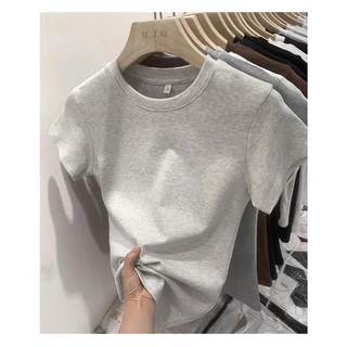 เสื้อยืดผู้หญิงแขนสั้น เสื้อยืด ไหล่หน้า แขนสั้น ฤดูร้อน ผู้หญิง ใหม่ คอกลม สลิม สกินนี่ เสื้อยืนพื้นฐาน ท๊อป