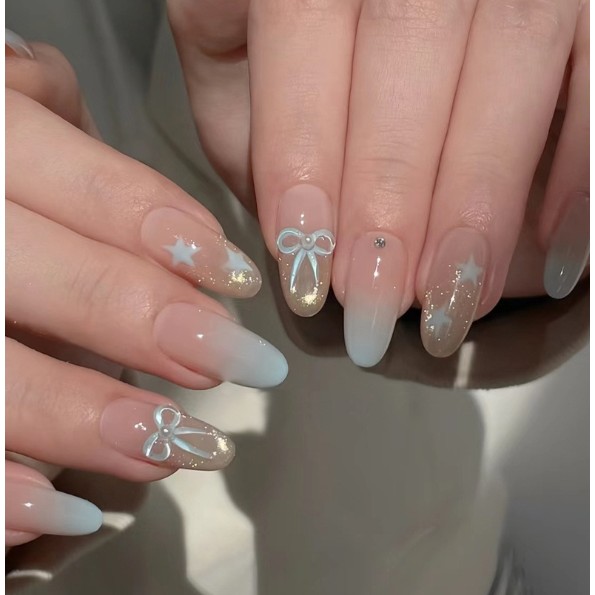 เล็บปลอม Cat Eye Almond French Press on Nails ชุดเล็บปลอมพร้อมกาวเล็บปลอม