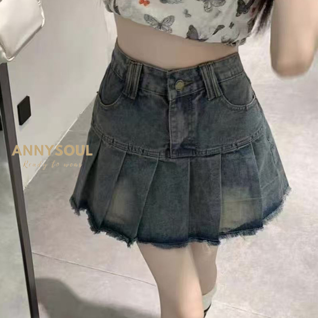 กระโปรงยีนส์ ทรง A เอวสูง ป้องกันโชว์ขา