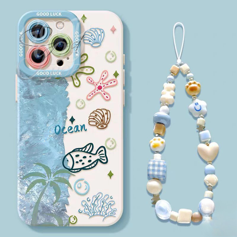 เคสสร้อยข้อมือลายปลาผูกโบว์สีฟ้าสุดฝันจากมหาสมุทร เคสไอโฟนIPhone 16 15 11 14 12 13 Pro Max XR 7 8 16 15 Plus XS Max X