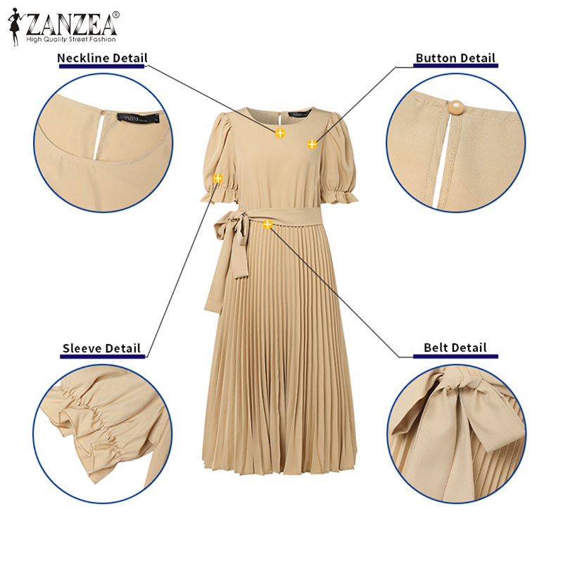 ZANZEA ซานเซีย ผู้หญิงแฟชั่นเกาหลีพัฟแขนรอบคอลูกไม้ข้อมือจีบชายเอวชุด — صورة 7