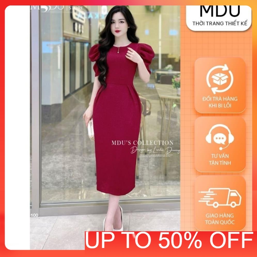 Lady Dress MDU4400 Puff Sleeve Design Made of Weld Text Material น่าสนใจ ทรง Bodycon จาก MDU K39-D4-