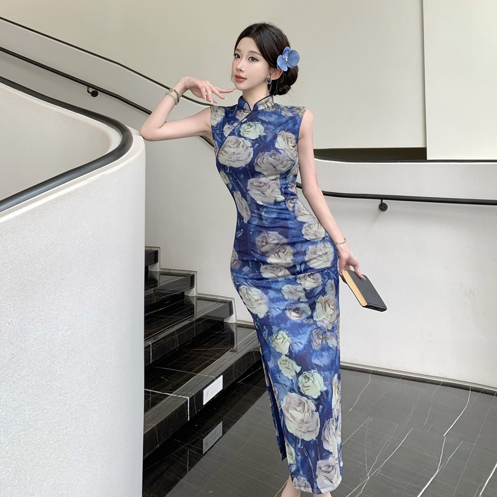 ชุด CHEONGSAM สไตล์จีนใหม่ แขนกุด พิมพ์ลายผ้ากอซ ดีไซน์เซ็กซี่ พร้อมซิลม่าเรียบหรู