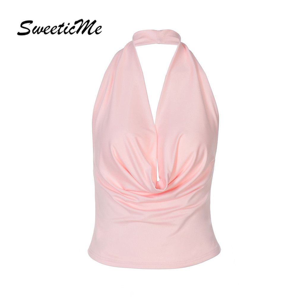 SweeticMe ผู้หญิง 2025 ใหม่แฟชั่นเซ็กซี่คอวีลึกสีทึบ Street All Match Halter เสื้อกล้าม ราคา ถูกที่สุด ดีลบีเคเค รูปภาพหลัก