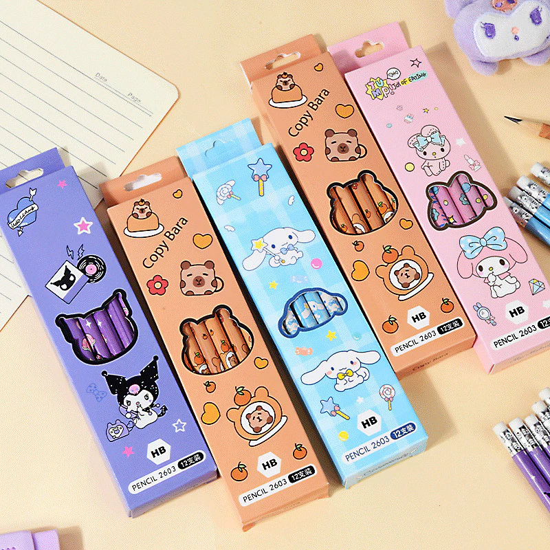 ดินสอ HB ลายการ์ตูนน่ารัก สีชมพู 12 แท่ง ดินสอไม้ เครื่องเขียนนักเรียน อุปกรณ์การเรียน A00134