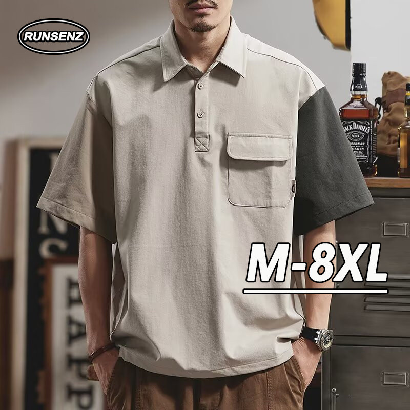 M-8XL ญี่ปุ่นสีบล็อกเสื้อโปโลผู้ชาย Plus ขนาด T เสื้อลําลองหลวมแขนสั้น Oversize Top