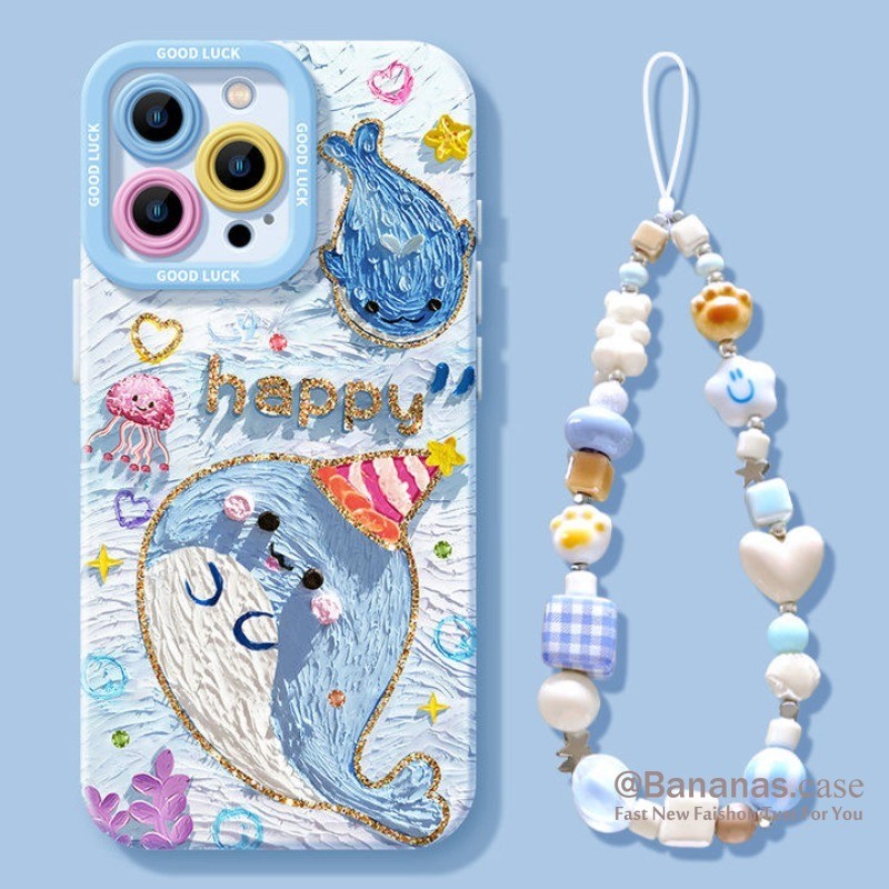 ใช้งานร่วมกับ Wth iPhone 17 16 15 14 13 12 11 Pro Max X Xr Xs Max 7 8 Plus SE2020 เคสโทรศัพท์การ์ตูน Happy ภาพวาดสีน้ํามัน Ocean Dolphin + Lanyard นุ่มปกหลัง