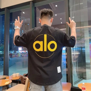 เสื้อยืดตัวอักษร alo 2025 ฤดูร้อนแขนสั้นแนวโน้มอเมริกัน All-Match Heavy Industry พิมพ์ผู้ชาย