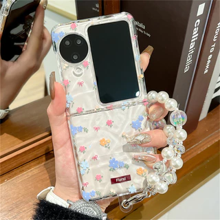 น่ารักระลอกน้ําดอกไม้โปร่งใสเคสโทรศัพท์พร้อมสร้อยข้อมือมุกสําหรับ OPPO ค้นหา N3 Flip N3Flip Findn3Flip กันกระแทกปกหลังmanha