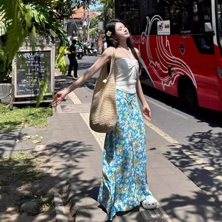 🌈beachgirl🌈สไตล์เกาหลี ชุดไปทะเล เกาะอก+กระโปรงยาว ทูพีช ลายดอกไม้ summer สไตล์เซ็กซี่ ผ้าดีมาก ส่งไวจากไทย