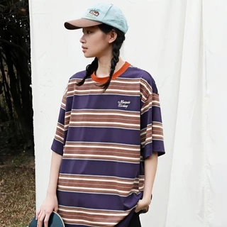 CLIFF เสื้อยืดแขนสั้น การออกแบบลายทาง สีต่อ แบบหลวมลำลอง ฤดูร้อนรุ่นใหม่