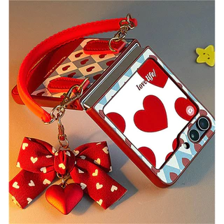 เกาหลีน่ารัก Love Heart Bow จี้เคสโทรศัพท์พร้อมสร้อยข้อมือสําหรับ Samsung Galaxy Z Flip 5 6 Z Flip5 Flip6 Flip 4 กลับ Covermanha