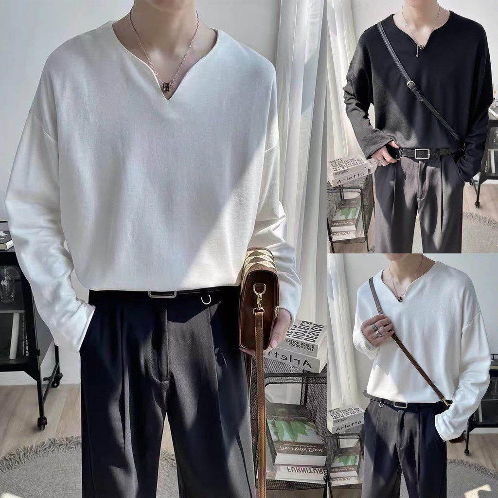 [พร้อมส่ง] อเมริกัน ซอก เสื้อยืดระบายอากาศผู้ชายแฟชั่นลําลองสบายคอวีแขนยาวผู้ชายย้อนยุคบุคลิกภาพสีทึบเรียบง่ายด้านบนเป็นกลาง
