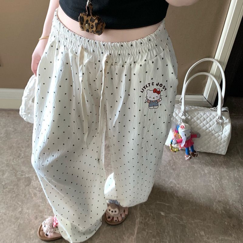 Polka dot pants แพนท์ลำลองสไตล์ญี่ปุ่นพิมพ์การ์ตูนบางหลวมพอดีกางเกงยาว