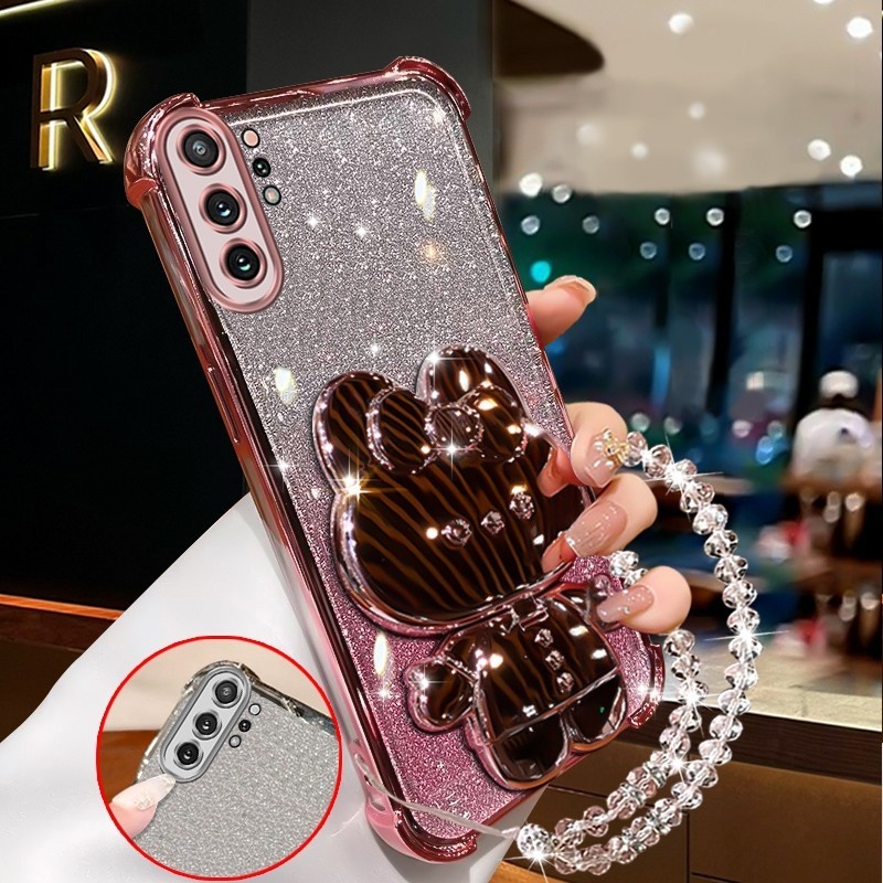 เคสสําหรับ SAMSUNG Note 10 plus Samsung Note 10 Soft Clear สี่มุมหนาชุบซิลิโคนเคสโทรศัพท์กระต่ายกระจกแต่งหน้าพร้อมที่วางเคสซิลิโคน XXXDA